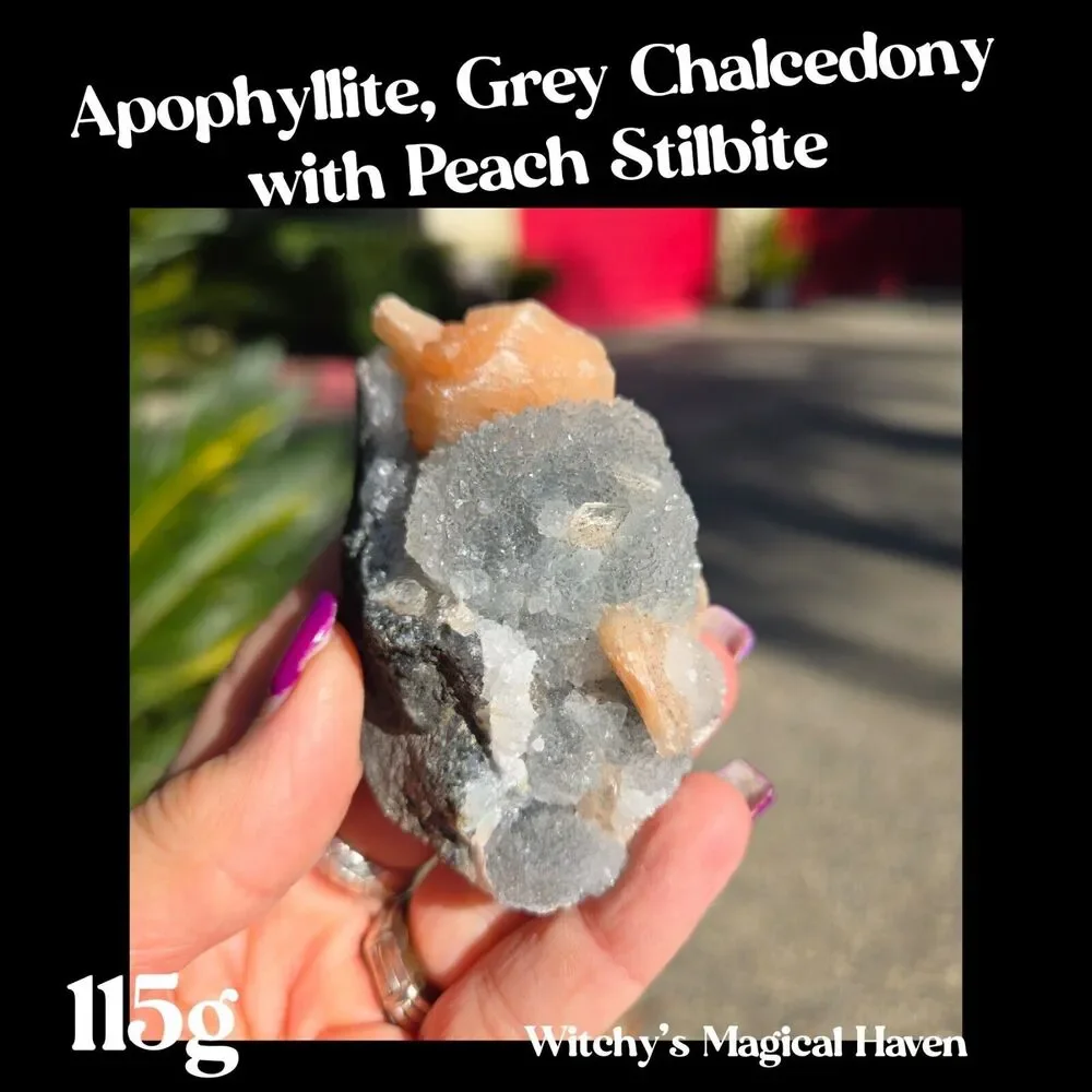 Apophyllite Gray Chalcedony Peach Stilbite Zeolite Crystal, 115g